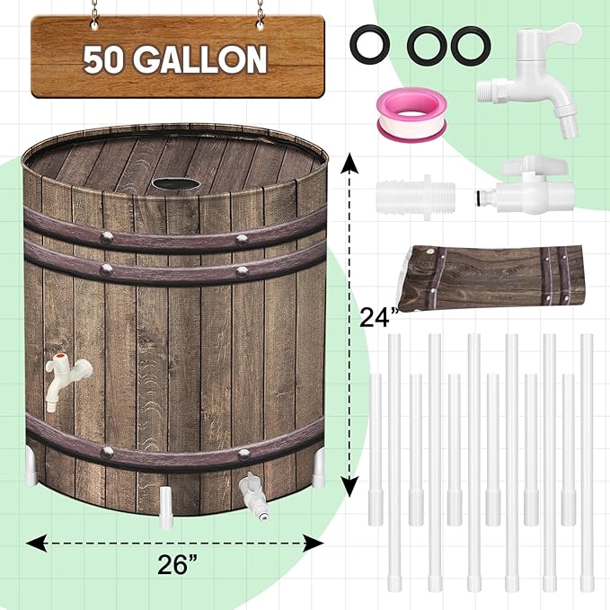 PAETAE Collapsible Rain Barrels, 50 Gallon Rain Water Collection Barrel, Rain Catcher Barrels to Collect Rainwater from Gutter, Leak-Proof Design, Woodgrain