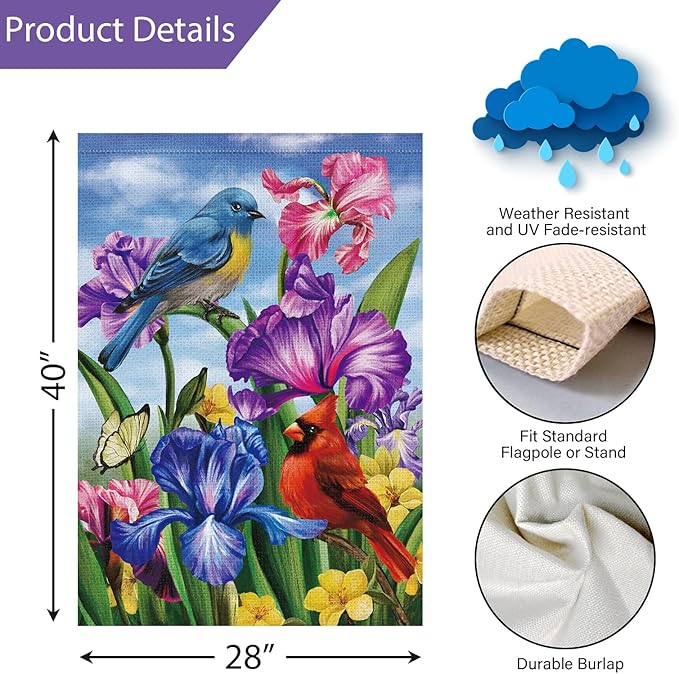 Louise Maelys Welcome Spring House Flag 28x40 Double Sided Vertical, Burlap Large Cardinal Birds Irises Floral Yard House Outside Outdoor House Summer Seasonal Decoration