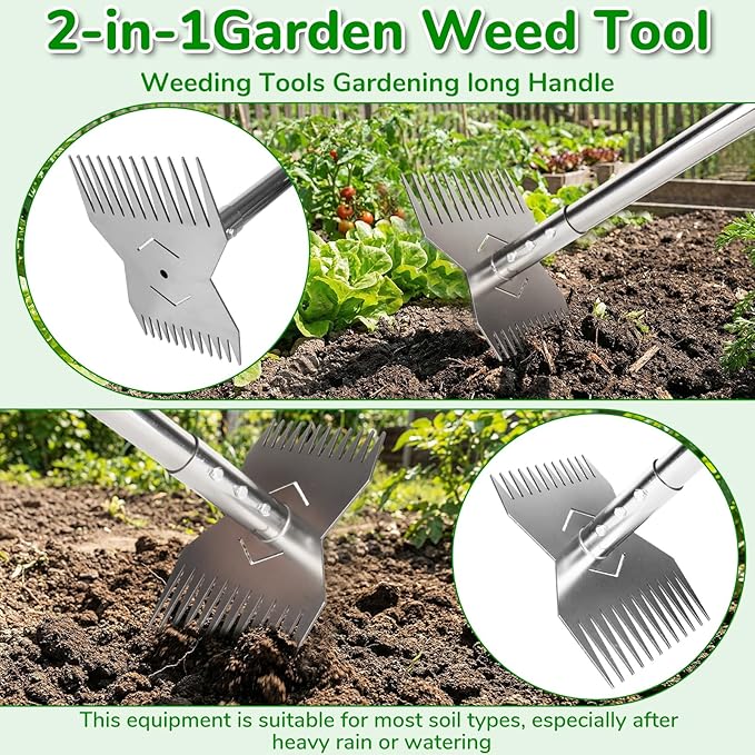 Garden Weed Tool,Portable Gardening Weeder Tool,63" Weeding Tools Gardening long Handle,24-Claw Steel Head Design - Easy weeding without bending or squatting down,Suitable for farm planting,gardening