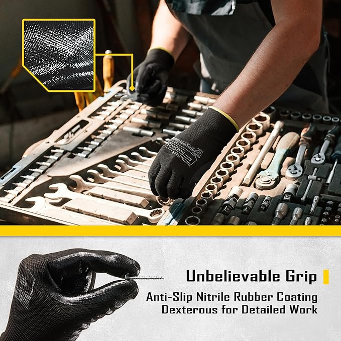 COOLJOB 10 Pairs Nitrile Dipped Safety Work Gloves with Grip, Non-slip Rubber Coated Bulk Garden Gloves for Men, Heavy-duty Oil Resistant for Truck Driver, Warehouse Box Handler, Xlarge, Black Blue