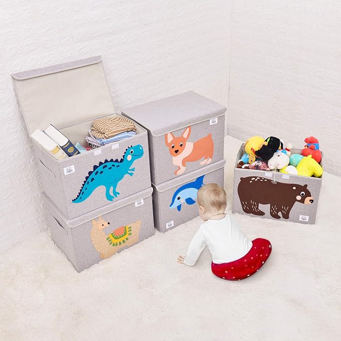 Large Toy Box Storage with Lid, Foldable Fabric Toy Chest Storage for Kids | Toy Organizer Basket, Collapsible Animal Print Storage Bin for Toddlers, Boys and Girls, Playroom, Baby Nursery (Elephant)