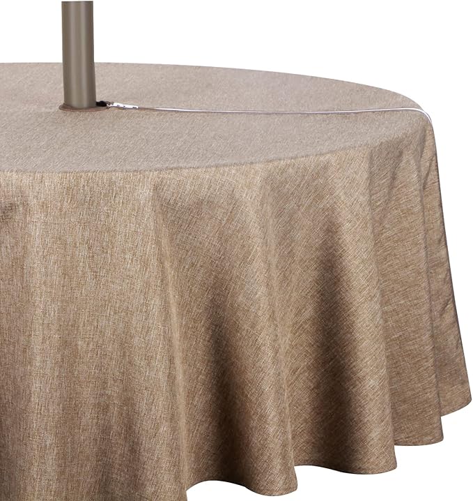 Outdoor Tablecloth Wrinkle-Free Stain Resistant Waterproof Polyester Fabric Table Cover with Zipper Umbrella Hole for Picnic/Party/Dinner/Patio Garden(70inch Round,Zippered,Flax)