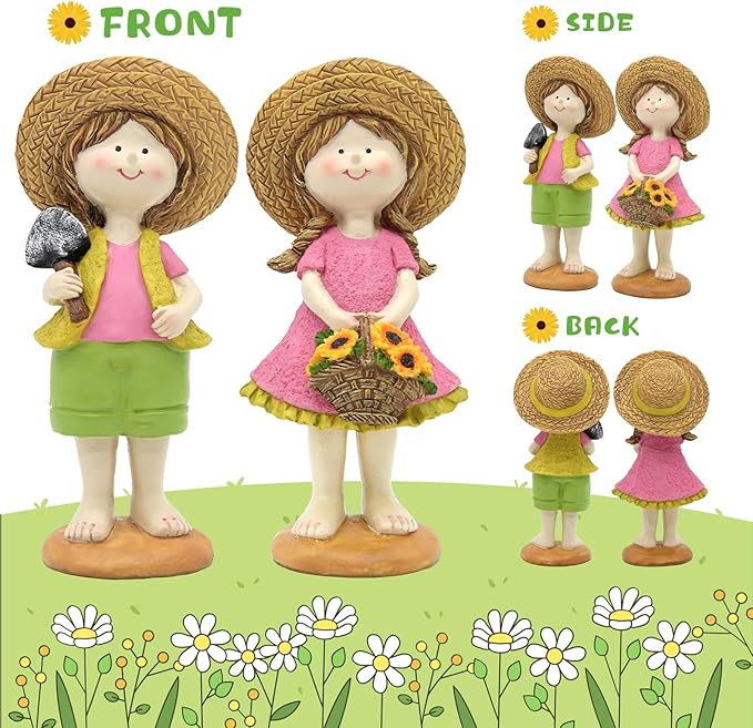 Spring Summer Garden Figurines Set of 2, Boy and Girl Outdoor Garden Statues with Sunflower Basket, Cottage Home Garden Decor for Yard Patio Lawn, for Women