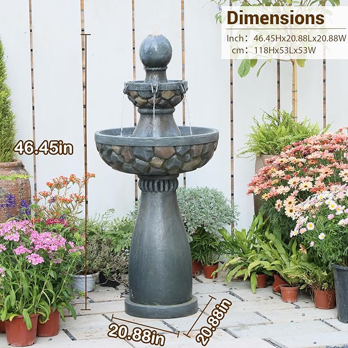Sunlinua 46.5H 3-Tier Outdoor Water Fountain with LED Lights Italian Resin Garden Fountain for Patio Garden Weather-Resistant Cascading Waterfall Feature with Quiet Pump Elegant Décor Black Gray