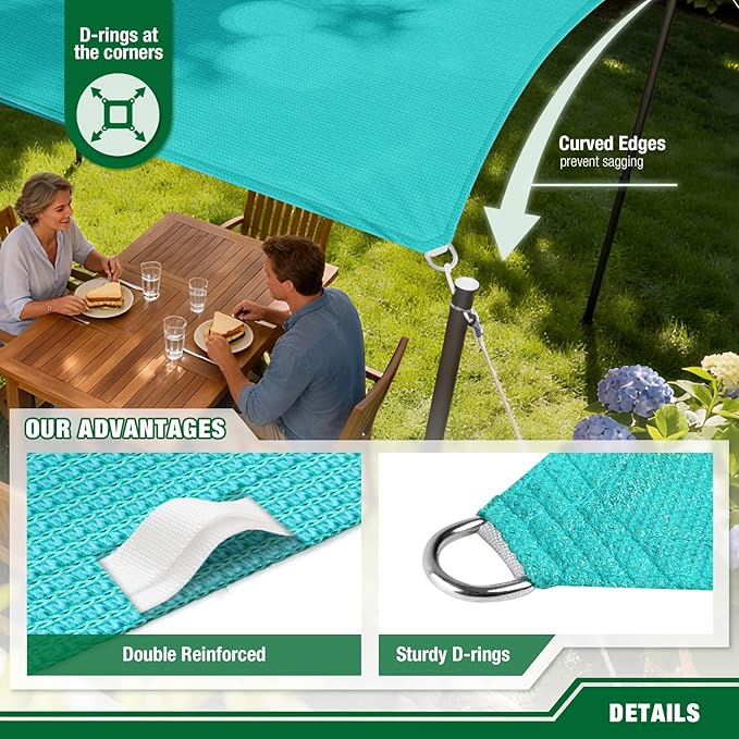 Sun Shade Sail 8'x8' Rectangle Shade Canopy Patio Cover UV Block Shade Cloth Awning Fabric for Backyard Pergola Garden Deck Carport Outdoor Activities, Turquoise