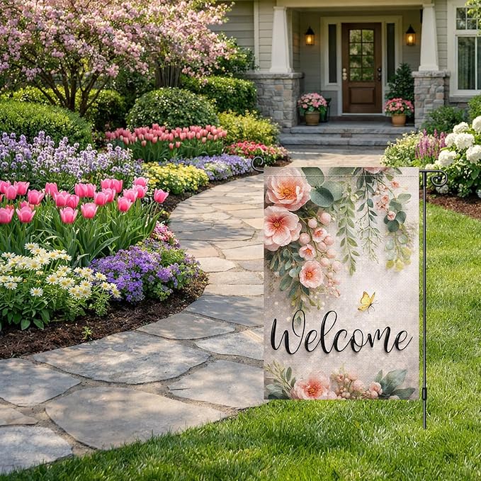 Heyfibro Spring Welcome Garden Flag 12x18 Inch Double Sided Butterfly Peony Eucalyptus Garden Flag Small Yard Flags for Outside House Farmhouse Seasonal Spring Outdoor Decorations