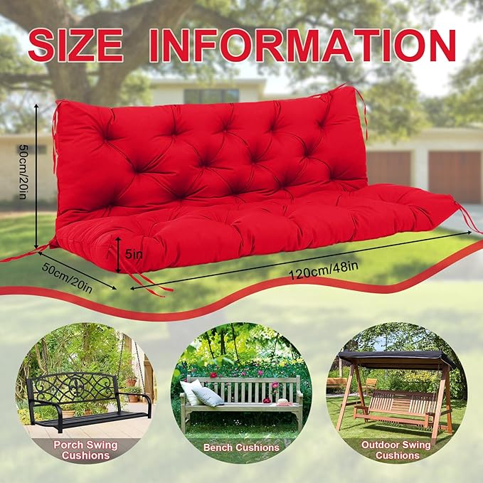 Extra Thick 5" Waterproof Porch Swing Cushions Outdoor 48 inch Swing Cushions 2-3 Seater Replacement with Backrest and Ties for Outdoor Furniture Patio Bench Garden (Bright red)