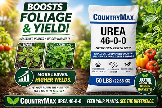 CountryMax Urea Fertilizer 46-0-0, 10LB Bag – High Nitrogen Lawn Fertilizer for Fast Green-Up – Plant Food for Lawns, Gardens, Crops, Trees & Shrubs – Professional Granular Plant Fertilizer