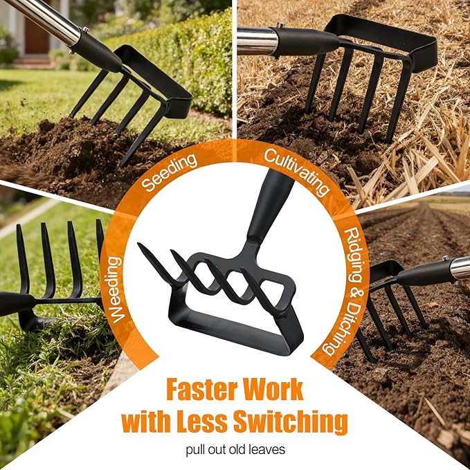 2-in-1 Heavy Duty Garden Hoe with 60" Adjustable Handle, Stirrup Hoe & Cultivator Weeding Rake - Lightweight Gardening Tool for Fast Weed Removal, Cultivating & Loosening Soil, Stainless Steel