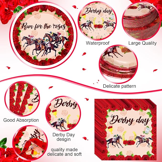 Funnymoom 400 Pcs Run for the Roses Horse Racing Party Supplies for 50 Guests Horse Racing Day Paper Plates and Napkins Knives Spoon Fork Cup Derby Day Dinner Sets for Horses Racings Party
