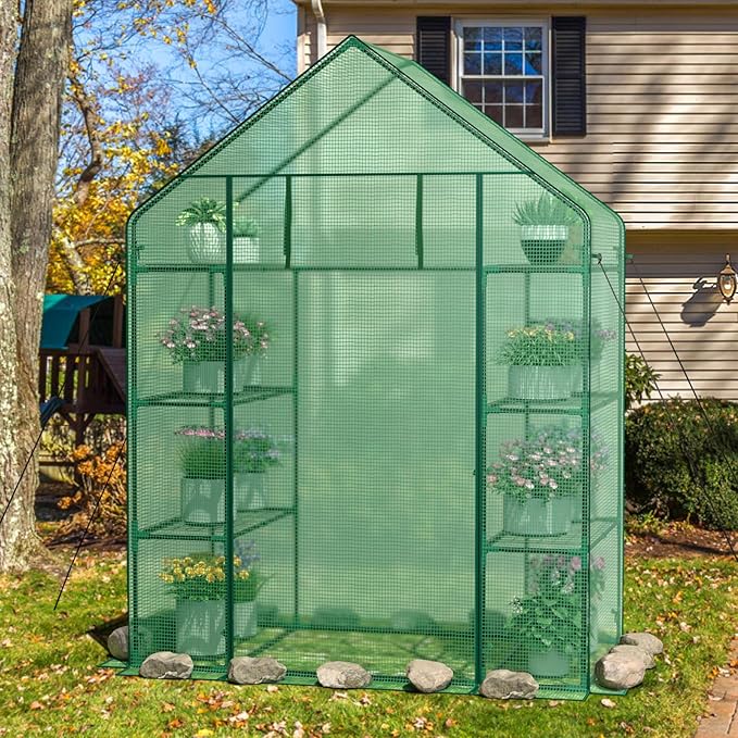 Giantex Walk-in Greenhouse, 4 Tier 8 Shelves, Portable Plant Garden House Indoor Outdoor Mini Growing House for Herb Flower Succulent, Zipped Door, Metal Frame, Patio Lawn Yard