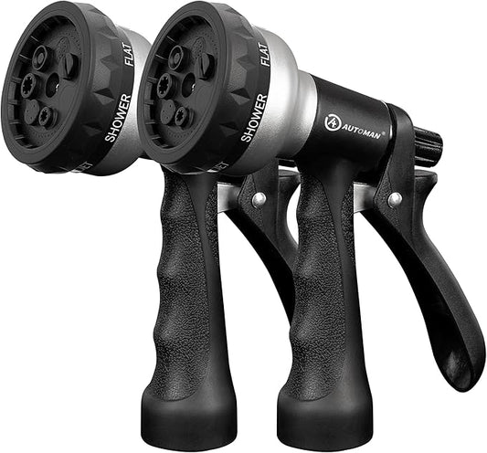 AUTOMAN-Garden-Hose-Nozzle, 2 Pack ABS Water Spray Nozzle, 7 Adjustable Watering Patterns, Slip Resistant for Watering Plants, Lawn& Garden, Washing Car, Showering Pets & Outdoor Fun.Silver Color