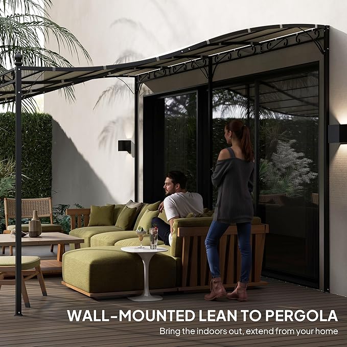 Outsunny 10' x 16' Outdoor Pergola Canopy, Wall-Mounted Metal Patio Canopy with Weather-Resistant Fabric and Drainage Holes for Backyard Garden Porch Beach, Cream White
