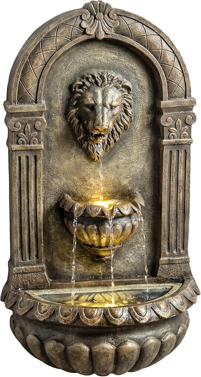 Outsunny 31" Wall-Mounted Outdoor Fountain, 3-Tier Cascading Water Feature with LED Lights and Adjustable Flow, Resin Garden Fountain for Patio Backyard, Bronze
