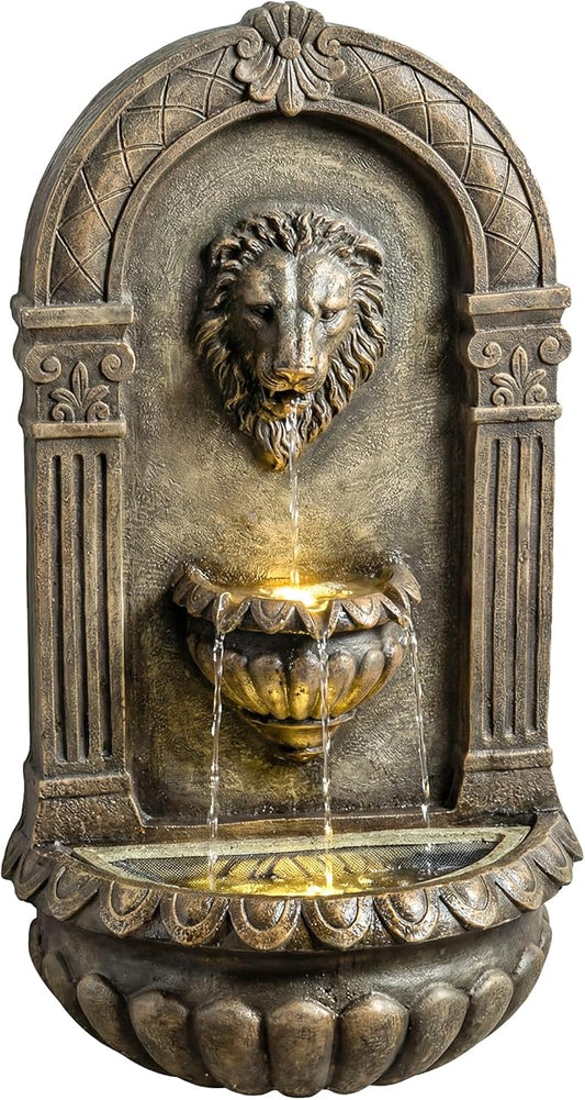 Outsunny 31" Wall-Mounted Outdoor Fountain, 3-Tier Cascading Water Feature with LED Lights and Adjustable Flow, Resin Garden Fountain for Patio Backyard, Bronze