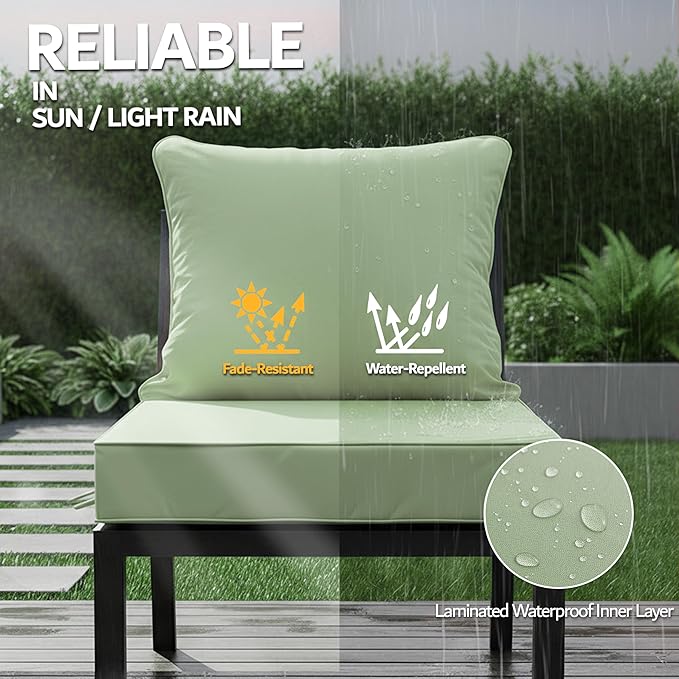 22x22 Inch Patio Chair Cushions Set of 2, Outdoor Furniture Cushions - Removable Cover, Water-Repellent, Fade-Resistant, Non-Slip Bottom & Straps, Replacement for Lawn, Porch & Deck Chair - Sage Green