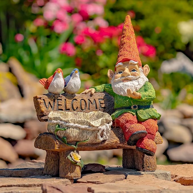 Zaer Ltd. Classic Spring Gnome Garden Statue in Assorted Styles (Gnome on Bench)