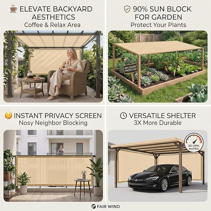 FAIR WIND 90% Sun Shade Cloth with Improved Grommets 3’ X 6’ Outdoor Sun Screen Fabric Cover for Patio Garden Outdoor Pergola Canopy - Khaki