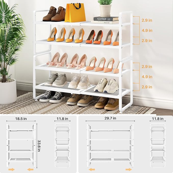 Expandable Metal Shoe Rack for Closet, Entryway & Garage, 4-Tier, White