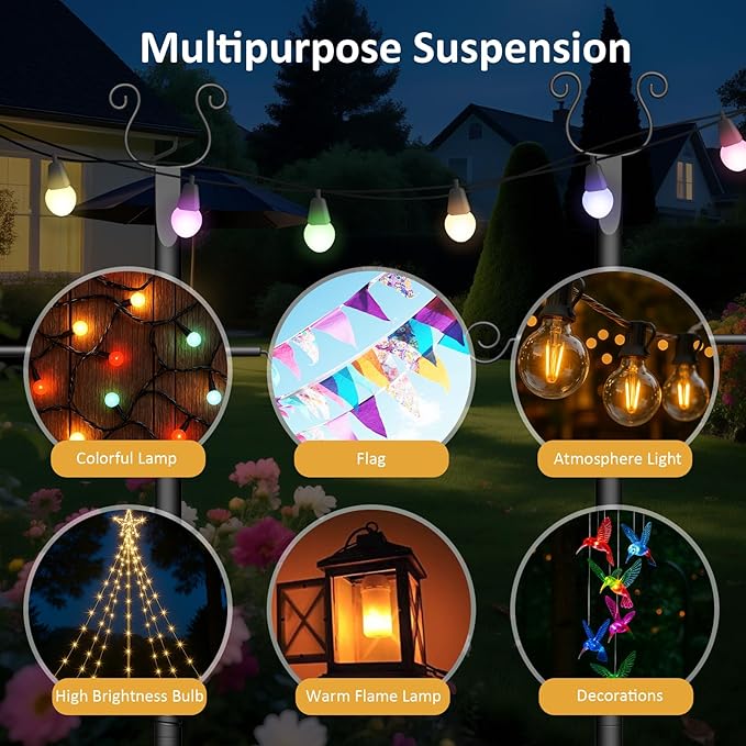 Outdoor String Light Poles 6 Pack - 10 Ft Lighting Posts with Fork,Rustproof Patio Heavy Metal Stand, Adjustable for Backyard Deck Garden Wedding
