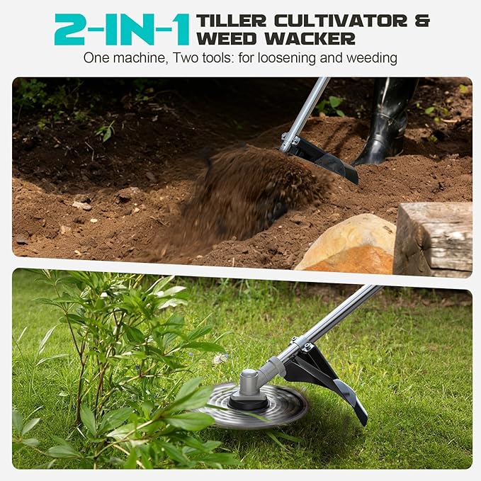 Cordless 2-in-1 Tiller Cultivator & Weed Wacker Compatible with Makita 18V Battery (Tool Only), 500RPM Electric Garden Tiller String Trimmer, 9" Tilling Width 9.4" Depth for Soil Lawn Cultivation