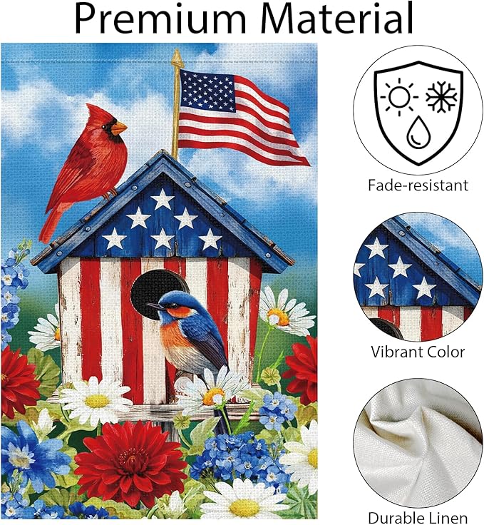 Patriotic 4th of July Garden Flag 12×18 Inch Double Sided Outside, Cardinal Birdhouse Flower Memorial Day Independence Day Burlap Yard Flag Holiday Outdoor Decor