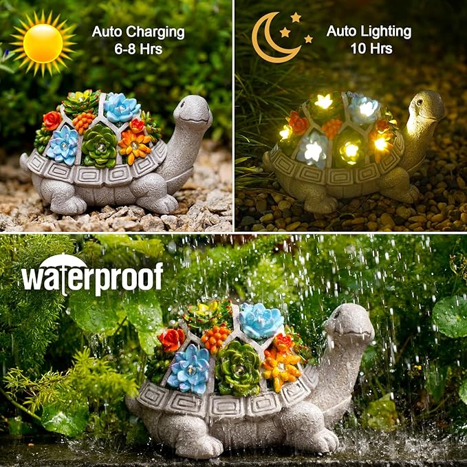 Nacome Solar Garden Outdoor Statues Turtle with Succulent and 7 LED Lights - Lawn Decor Statue for Patio, Balcony, Yard Ornament for Mom Grandma Women