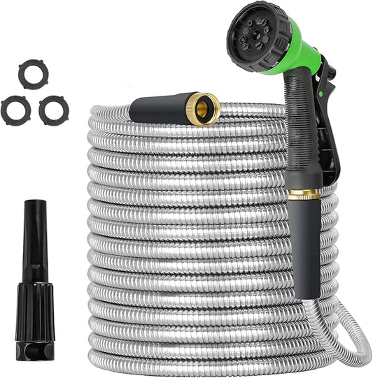 TVKB Metal Garden Hose 150ft Stainless Steel Water Hose Super Tough Flexible Water Pipe with 3/4 inch Brass Fittings and Sprayer Nozzle, Kink & Tangle Free, Rust Proof