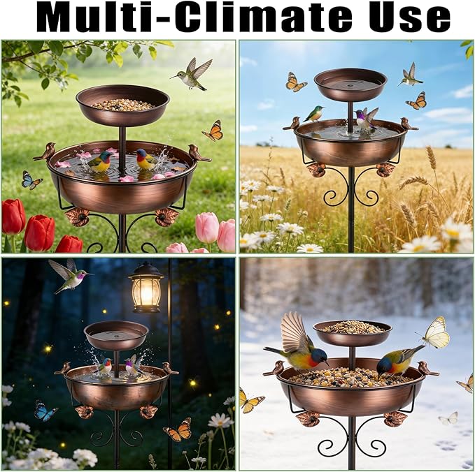 1.5 Gallon Lower Basin, 2 Tier Metal Bird Bath for Outside, 46.65 Inch Vintage Freestanding Bird Bath with Upgraded 5-Pronged Base, 2 in 1 Bird Bathing & Bird Feeding, Garden Patio Yard Lawn Decor