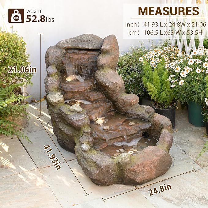 Sunlinua 42" L Outdoor Water Fountain with 3 Tiers Cascading Realistic Tree Trunk Waterfall Fountains with LED Lights Outdoor Water Fountain for Garden Patio Backyard Porch Home Decor