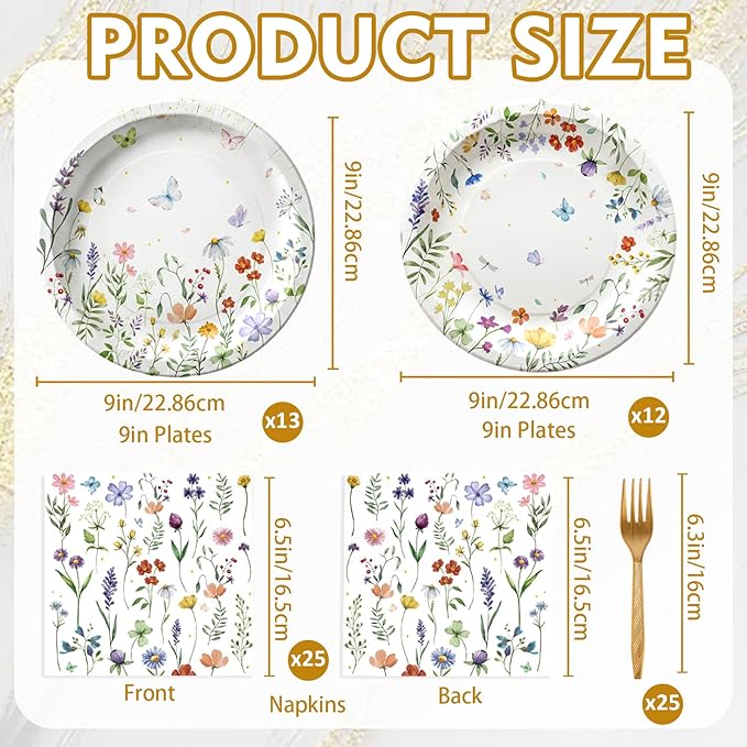 75Pcs Wildflower Plates and Napkins Party Supplies, Floral Paper Plates Wildflower Baby Shower Decorations Flower Party Plates Set for Spring Birthday Bridal Shower Tea Garden Party Decor, Serves 25