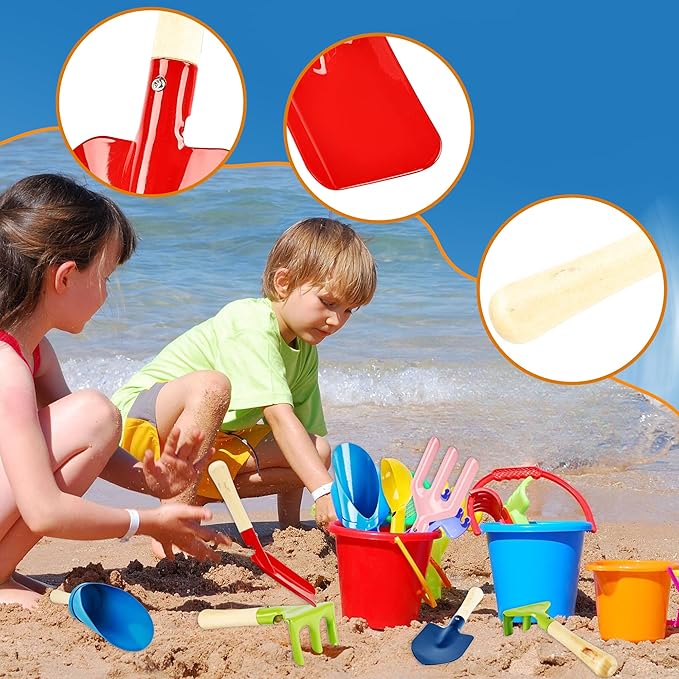 12 Pcs Beach Toys for Kids Metal Beach Sand Toys with Sturdy Wooden Handle Safe Beach Garden Tools Including Spoon, Fork, Rake, Flat and Pointed Shovel Digging Buckets Gifts for Kids