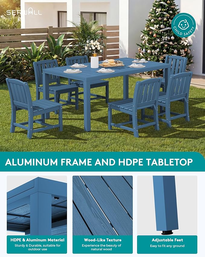 SERWALL Outdoor Dining Chairs Set of 2, All-Weather HDPE Patio Armless Chairs, Blue