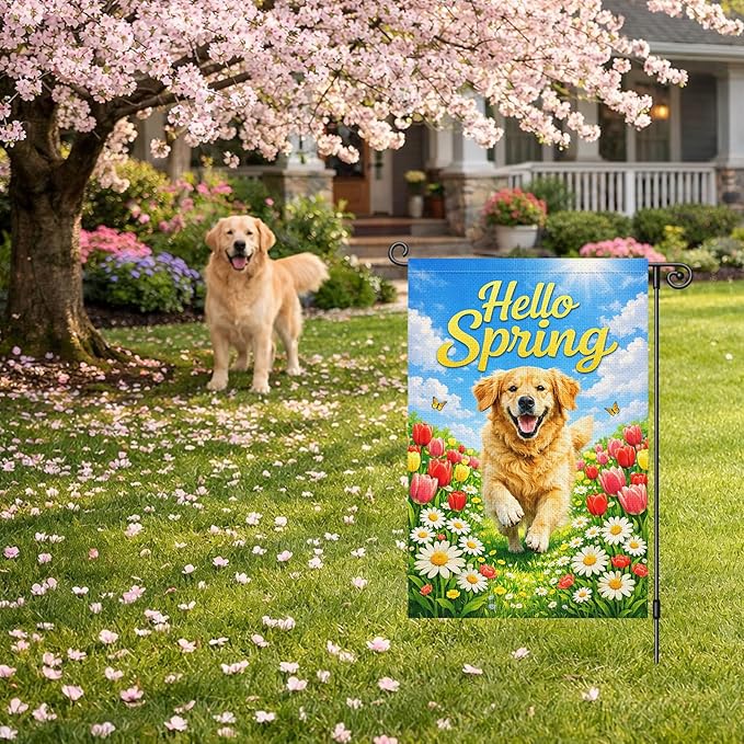 Heyfibro Hello Spring Garden Flag Double Sided 12x18 Inch Golden Retriever Floral Yard Flag for Outside Seasonal Dog Lover Outdoor Decor for Farmhouse Patio Porch