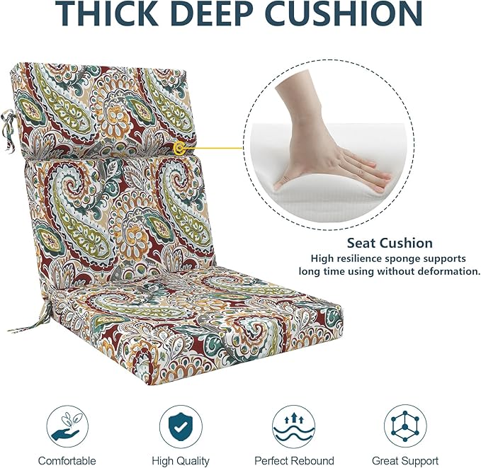 DYTXIII Outdoor High Back Chair Cushions Set of 2, 44"x22" Water Repellent Patio Seat Cushions with Elastic Sponge, All Weather Chair Pads for Rocking, Dining Chairs, Patio Furniture - Paisley Chilli