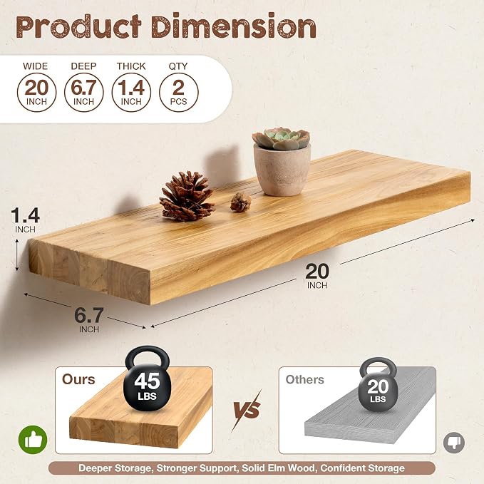 fuqing Floating Shelves for Wall, 20 Inch Rustic Solid Elm Wood Shelves