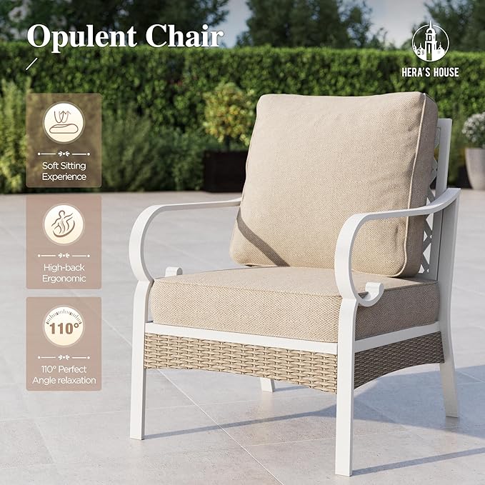 HERA'S HOUSE Patio Chairs Set of 2, High Back Outdoor Metal Frame Chairs with Cushions, All Weather Outdoor Patio Furniture for Lawn Garden Backyard Deck, Beige