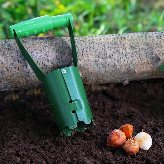 Bulb Planter Tool with 4 Inch Depth Mark, Garden Bulb Transplanter Tool with Soil Release Button Serrated Edge for Digging/Refilling Hole, Bulb Planting Tool for Tulip Daffodils Dahlias Onions