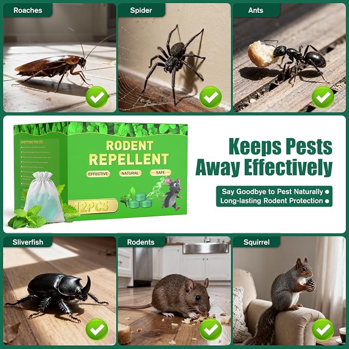 Rodent Mouse Repellent 12Pack, Peppermint Oil Mouse Balls for Mice, Indoor Outdoor Mouse Rat Deterrent for Home Garden