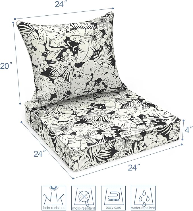 LVTXIII Outdoor Deep Seat Cushion Patio Seat and Back Cushion Set Seasonal Chair Cushion for Dining Arm Chairs, Wicker Chairs and Garden Furniture Decoration, 22"x22"x4", Tropical Blossom Noir