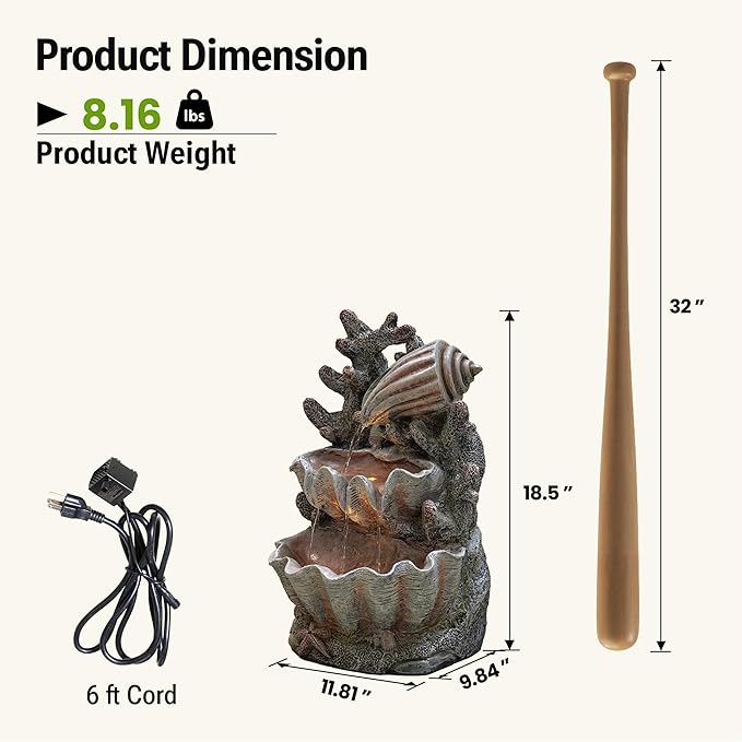 19-Inch Outdoor Water Fountain, 3-Tier Indoor & Outdoor Coral & Seashell Resin Waterfall Fountain with 2 LED Lights, Ocean Themed Water Feature for Garden, Patio, Yard, Balcony, Deck in Pink