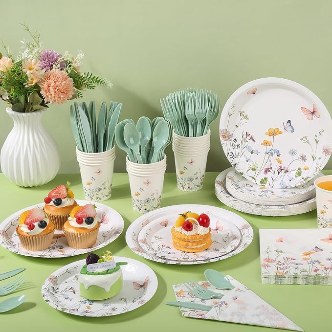 175 Pcs Wildflower Paper Plates and Napkins 25 Guests Spring Summer Floral Arrangements Tableware Party Supplies Set for Mothers Day Baby Shower Wedding Birthday Garden Tea Party