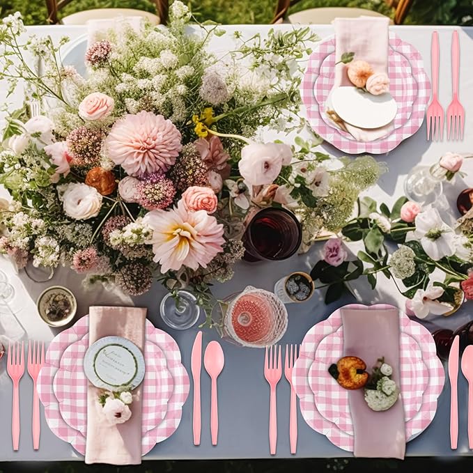 Funnymoom 400 Pcs Gingham Party Supplies for 50 Guests Pink and White Paper Plates and Napkins Knives Spoon Fork Cup Disposable Checkered Dinner Party Set Cutlery for Baby Shower Wedding Favor
