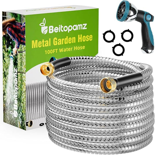 Beitopamz 100 ft Garden Hose, Stainless Steel Metal Water Hose with Nozzle, Flexible and Durable, Rust Proof, No-Kink, Heavy Duty, Leakproof 3/4'' Brass Fittings, Lightweight Hose for Patio, Lawn