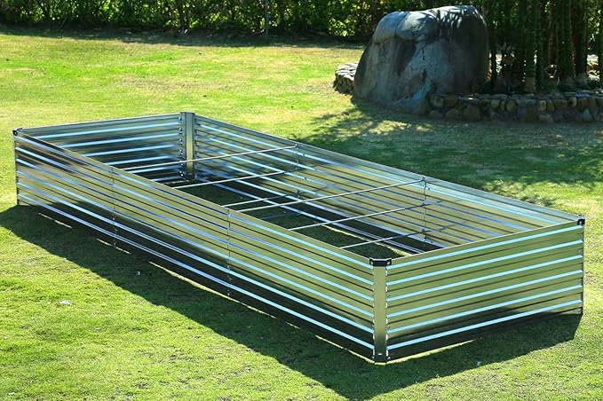 Meberam 2 Pack 12x4x1FT Galvanized Raised Garden Bed Kit, Outdoor Metal Planter Box for Vegetables, Bottomless Rectangular Gardening Bed with Support Rods, Tool-Free Assembly, Silver