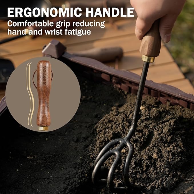 ROYTOA Hand Cultivator Rake, Ergonomic Small Garden Rake with Walnut Handle & 4 Durable Tines, Garden Tools for Weeding, Digging and Cultivating