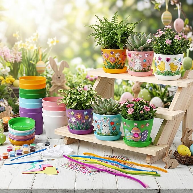 24 Set Garden Plastic Paintable Flower Pot Craft Kit 4" Starter Pots DIY Painting Party Supplies Acrylic Paint Strips Gardening Kit for Planting Crafts Birthday Spring Gift (Round)