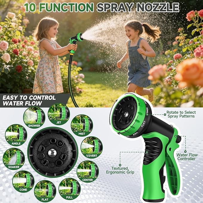 Garden Hose 100 ft Flexible Water Hoses Non-Expanding Lightweight Portable No Kink High Pressure Flat Fabric 3/4” fittings Leak-proof Durable Pipe for Outdoor Outside Yard Lawn Patio Watering