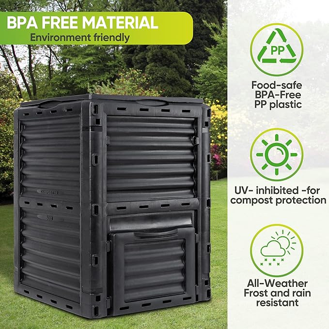 JupiterForce Garden Compost Bin 80 Gallon (300 L) from BPA Free Material, Large Composting Bin Outdoor Composter with Gloves, Easy Assembling, Fast Creation of Fertile Soil, Lightweight, Black
