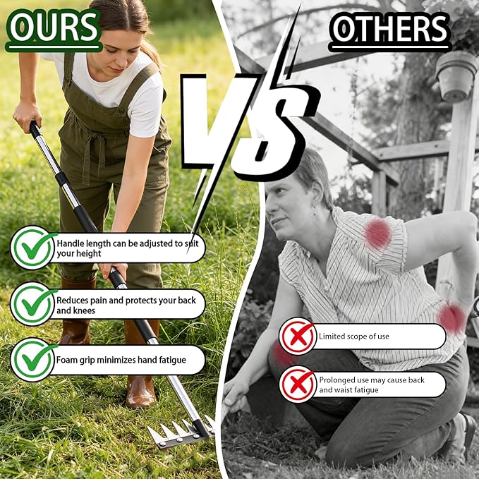Stainless Steel Weeding Tool, Thickened Version 8 Tines Weeder Rake, Weed Puller Tool with Long Handle, for Removing Weeds, Loosening Soil, Cleaning Flower Beds, Pine Needles & Lawn Prep